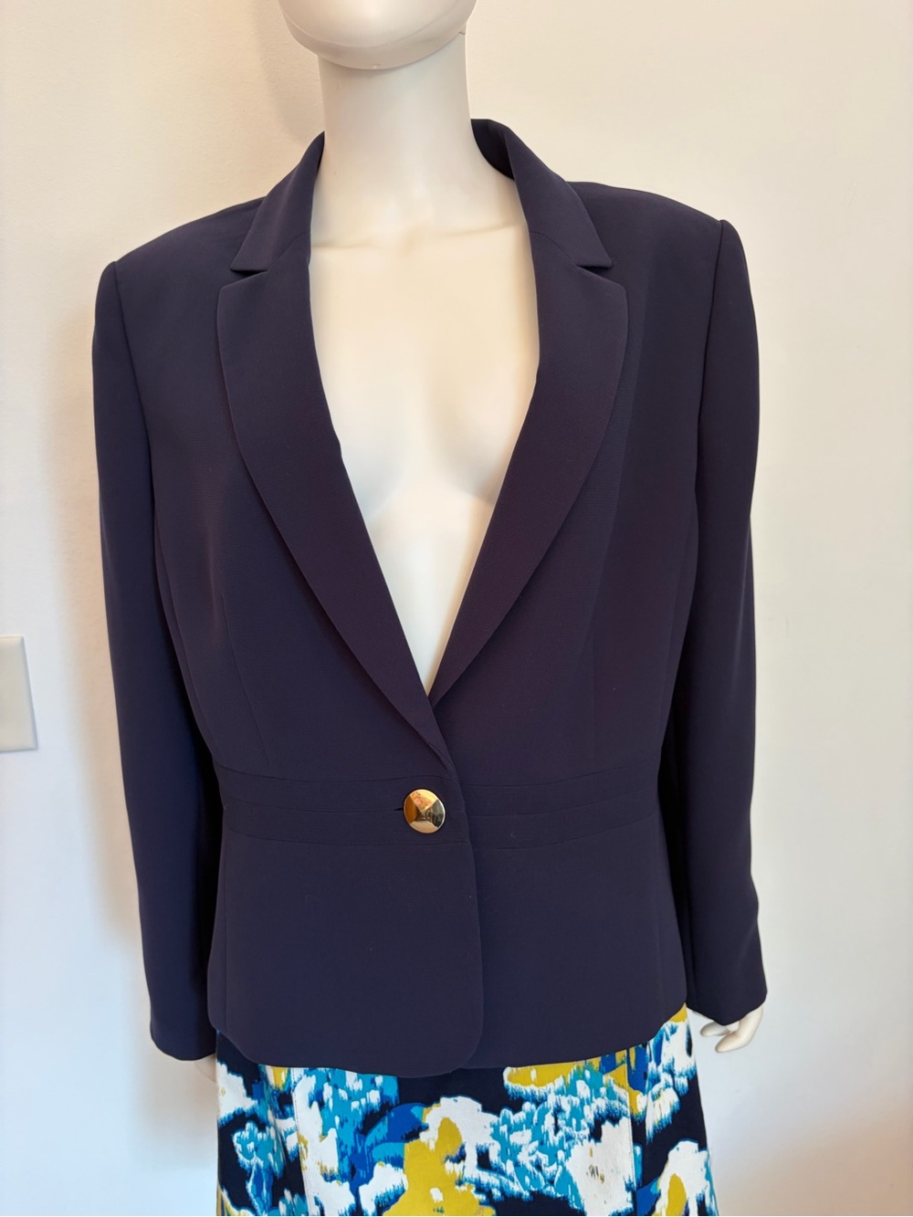 #827 Kasper Navy Single-Button Tailored Blazer with Gold-Tone Button